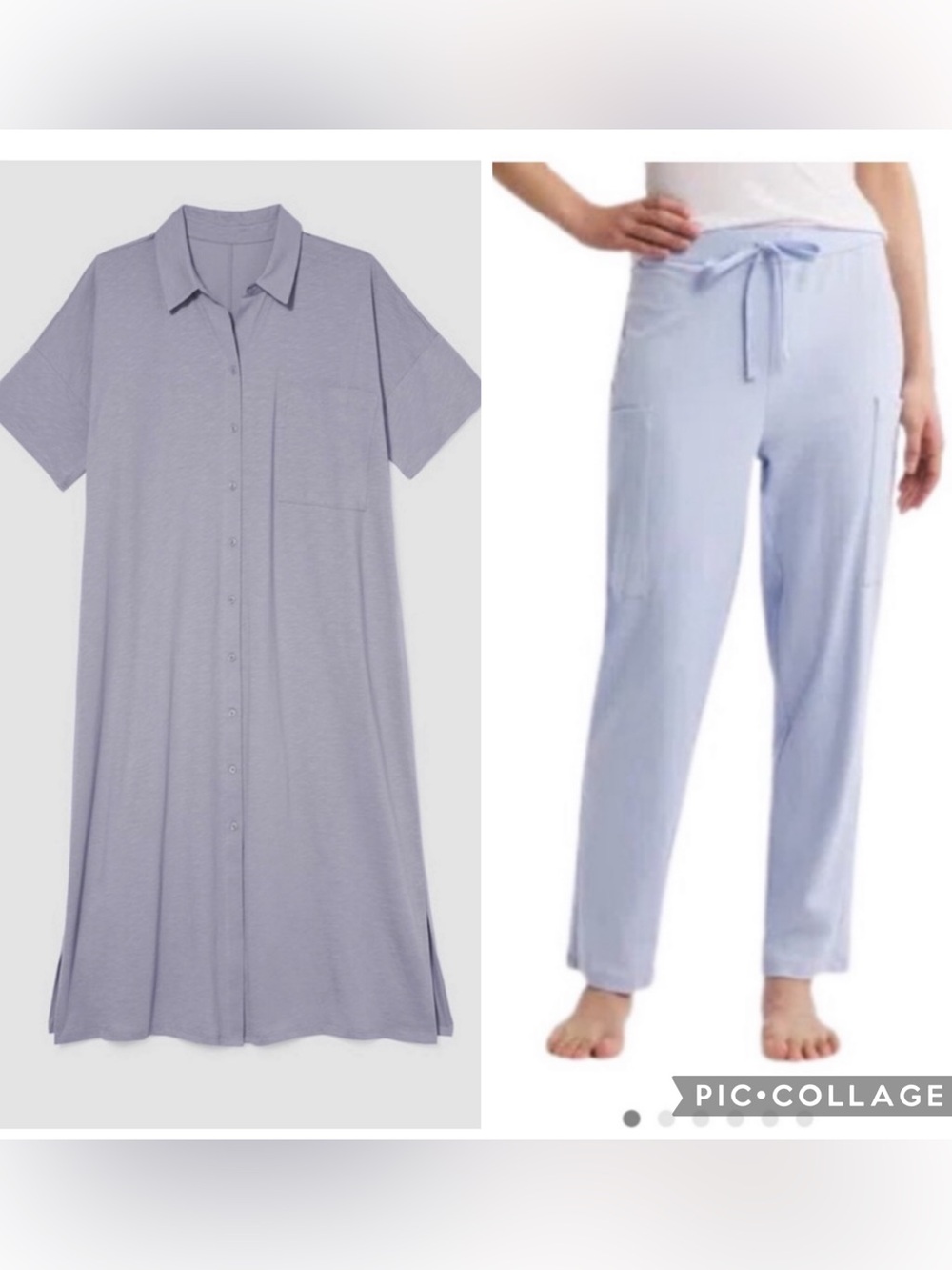 Eileen Fisher Bellflower Blue Pima Cotton Notched Collar Night Dress Sleep Pants